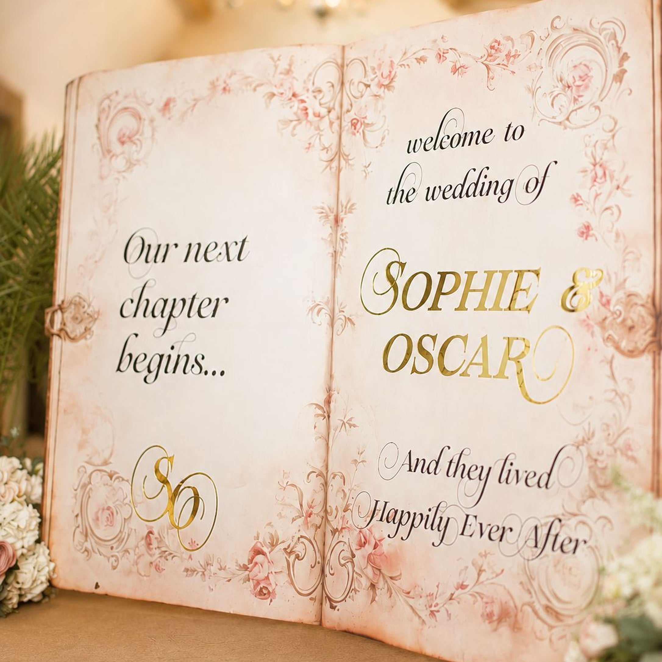 a wedding invitation with a decorative design and text that welcomes guests to the wedding of Sophie and Oscar.