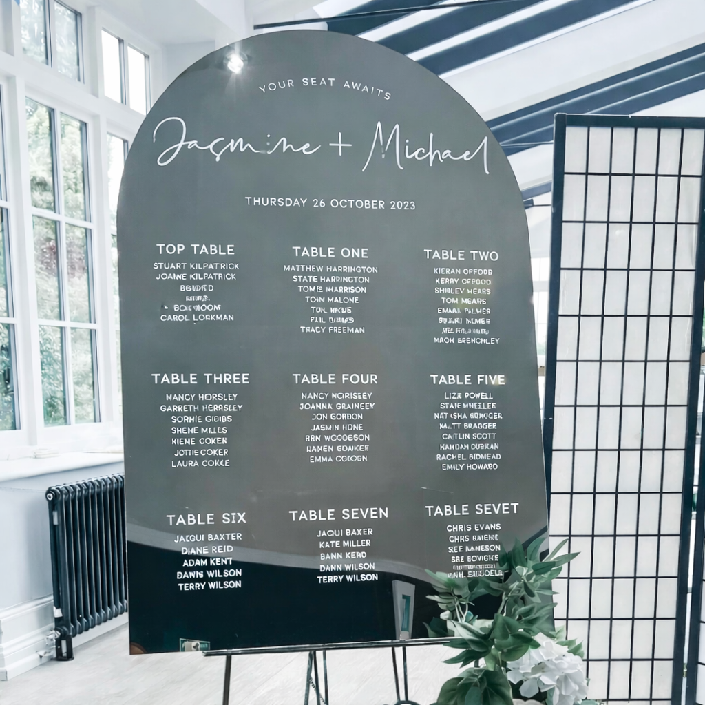 A wedding seating plan sign for the wedding of Jasmine and Michael, with details of the tables and their assigned guests.