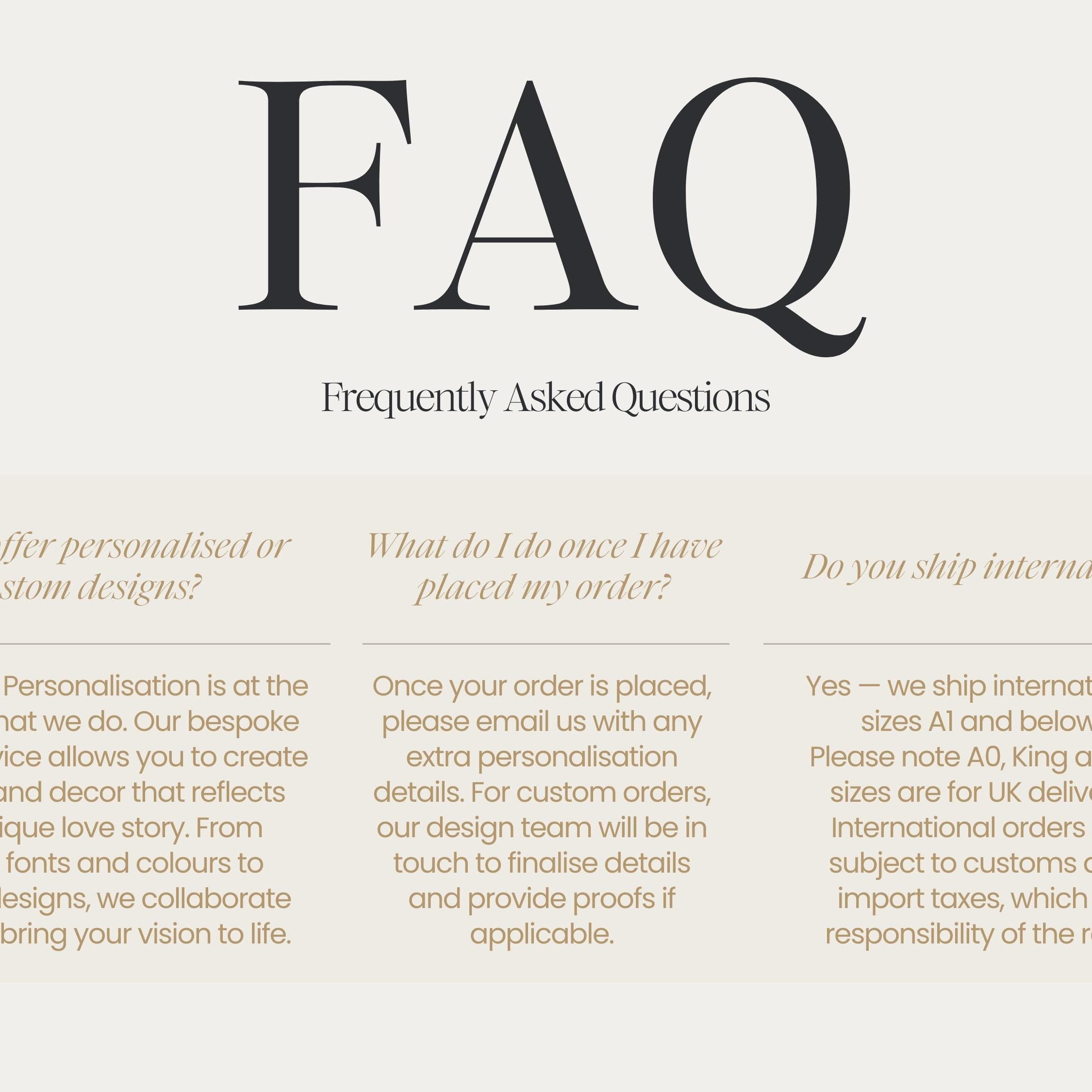 a series of questions and answers related to personalised or custom designs, shipping internationally, and the collaboration between the design team and the recipient. The questions are designed to elicit specific information about the order and the recipient's preferences.