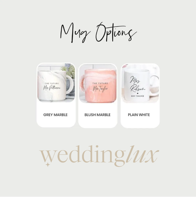 three different colored mugs with the text "Mug Options" above them. The mugs are grey marble, pink marble, and plain white.