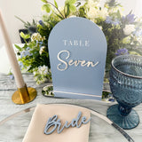 Dusky Blue Wedding Table Numbers with Mirror Accents