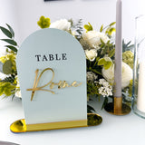 Pale Green Wedding Table Names with Mirror Accents