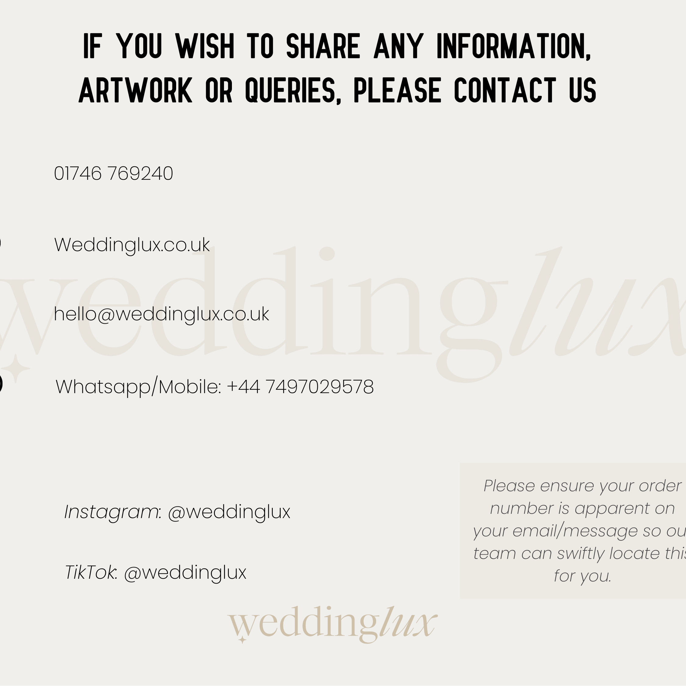 a collection of contact information for a company called Wedding Luxx, including a phone number, email address, and social media handles. The company is located in the UK and provides various services such as artwork, inquiries, and ordering.