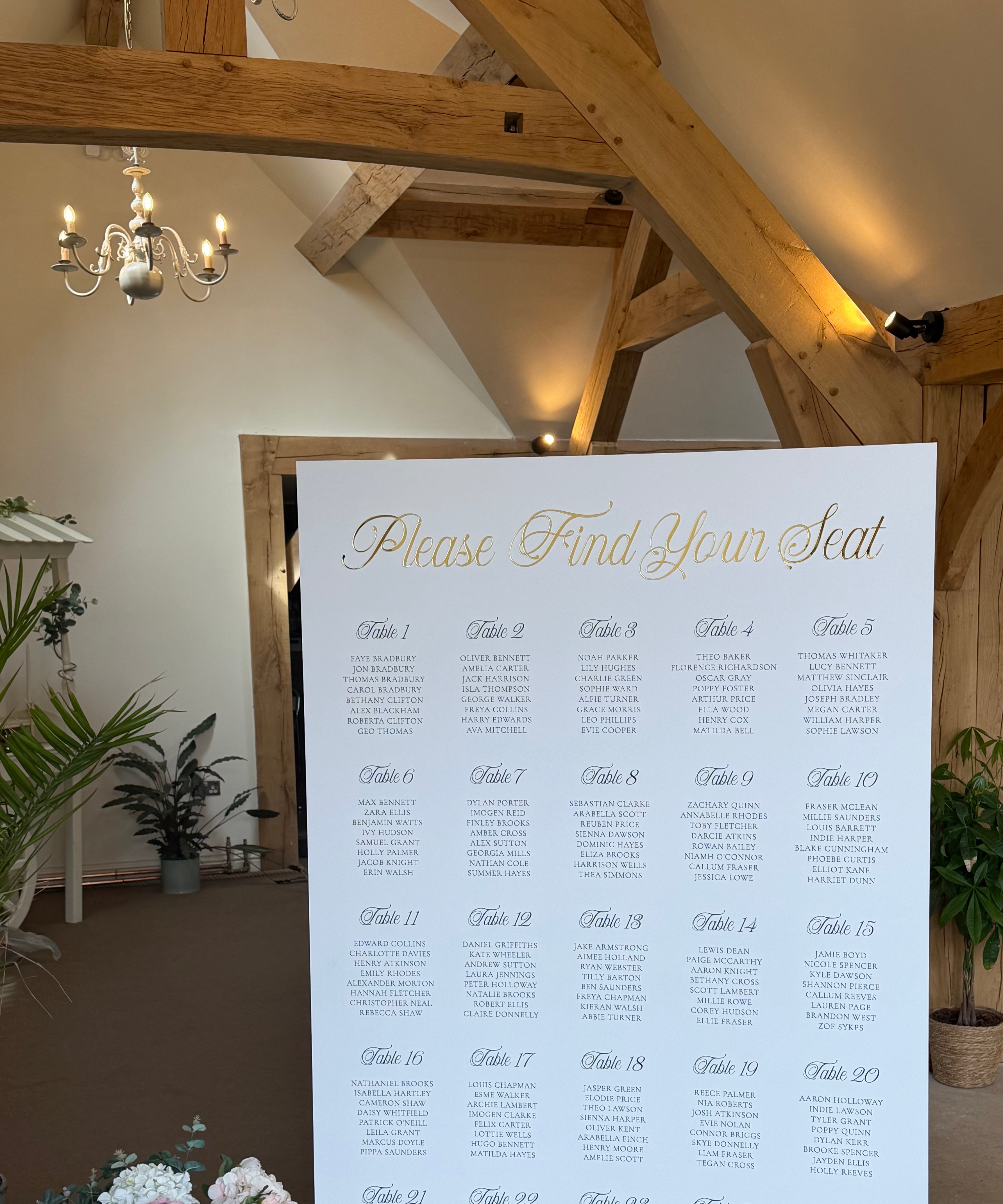 a large seating chart displayed on a white board, with a floral arrangement on either side.