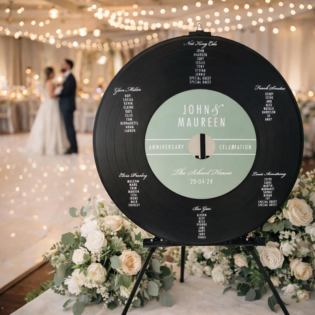 a black vinyl record with white text and names on it, placed on a table with white flowers. In the background, there is a wedding reception taking place, with a couple dancing and other guests seated at tables.