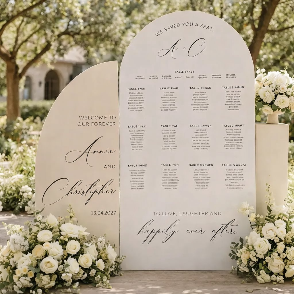 a wedding reception seating plan displayed on a large white sign. The sign is surrounded by white flowers, creating a beautiful and elegant setting.