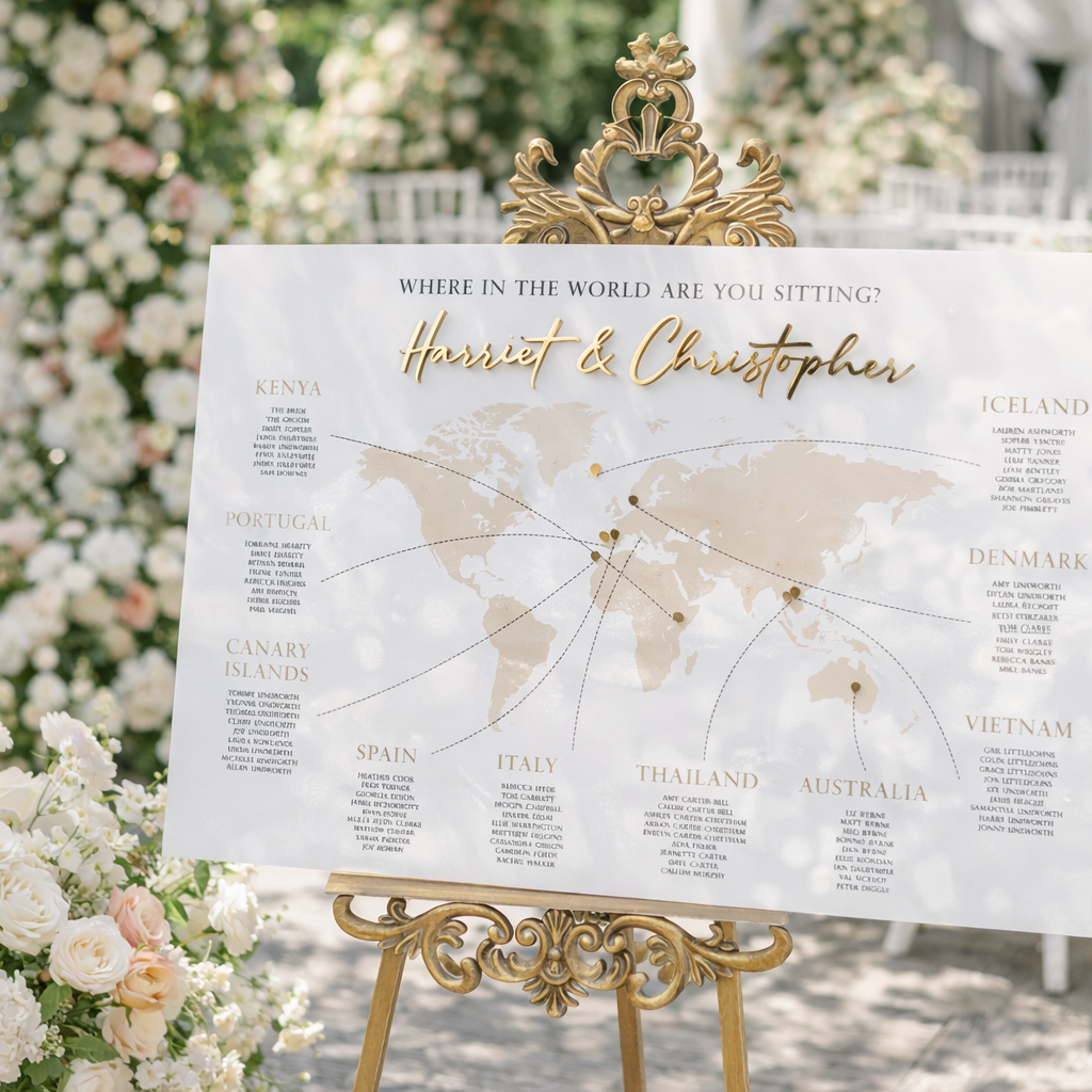a wedding invitation board with a world map and names of countries, surrounded by a floral arrangement.
