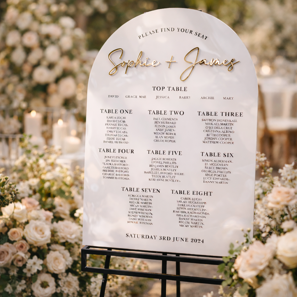 a seating chart for a wedding reception, with tables numbered one through seven and a total of eight tables. The seating arrangement includes a mix of tables and a top table, as well as a separate table for the bride and groom. The seating chart is displayed in a white arch-shaped sign with gold lettering, and the background is blurred, suggesting a garden setting.