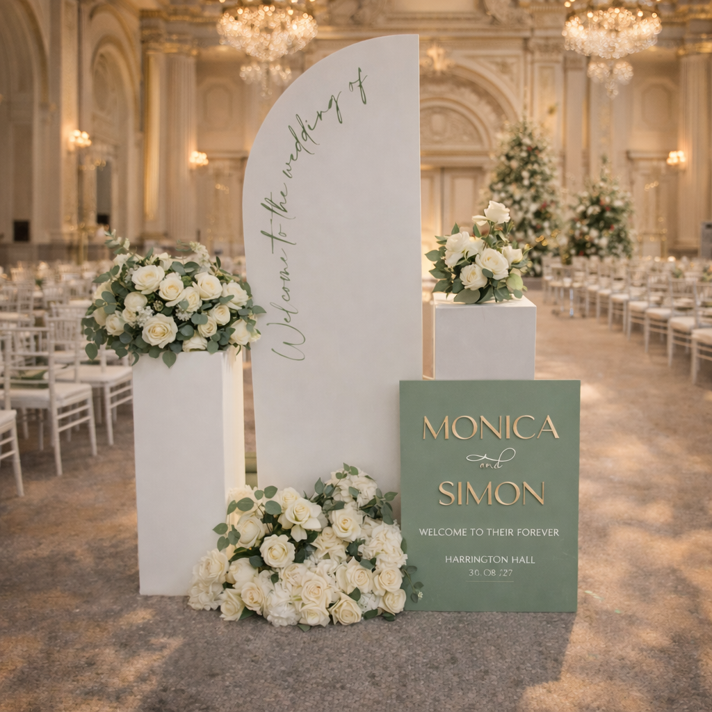 a wedding ceremony setup with a large white pillar, a sign welcoming Monica and Simon, and a floral arrangement. The background includes a grand, ornate hall with chandeliers and rows of chairs.