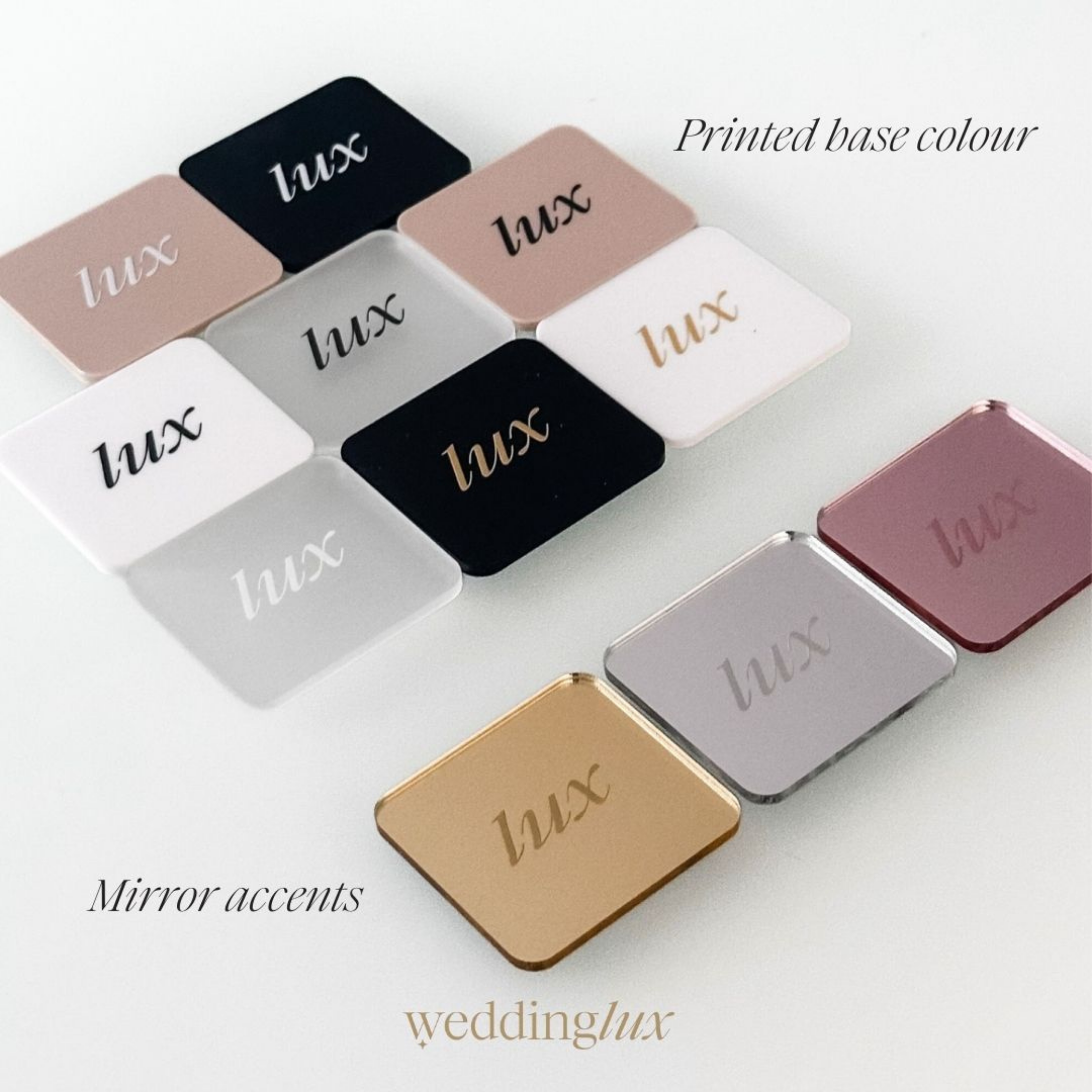 various colored square mirrors with the word "Lux" printed on them, along with text indicating the base color and the type of the mirrors as wedding accessories.
