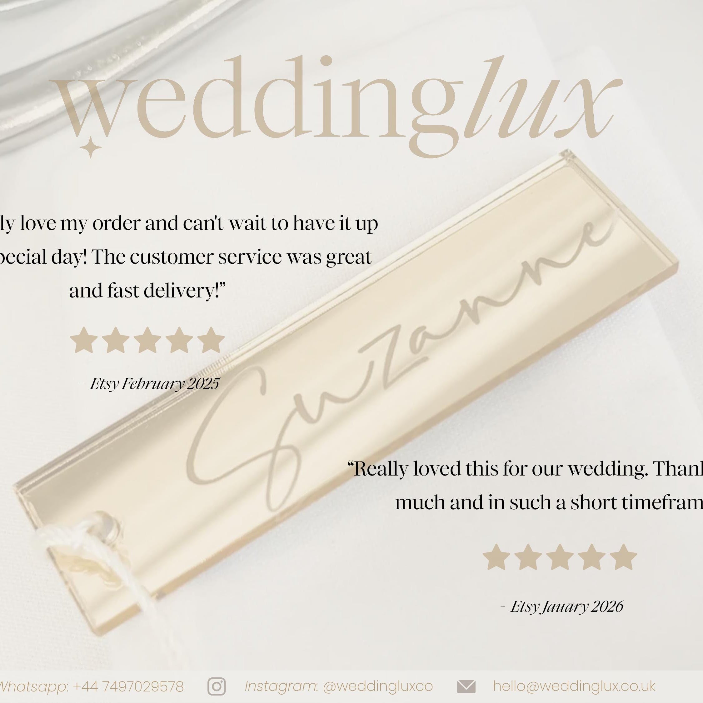 The image is a promotional image for a wedding venue called "weddinglux". It features a close-up of a wedding invitation card with a gold-colored background and text. The image includes two customer reviews, expressing their satisfaction with the customer service and the timely delivery of the wedding order.