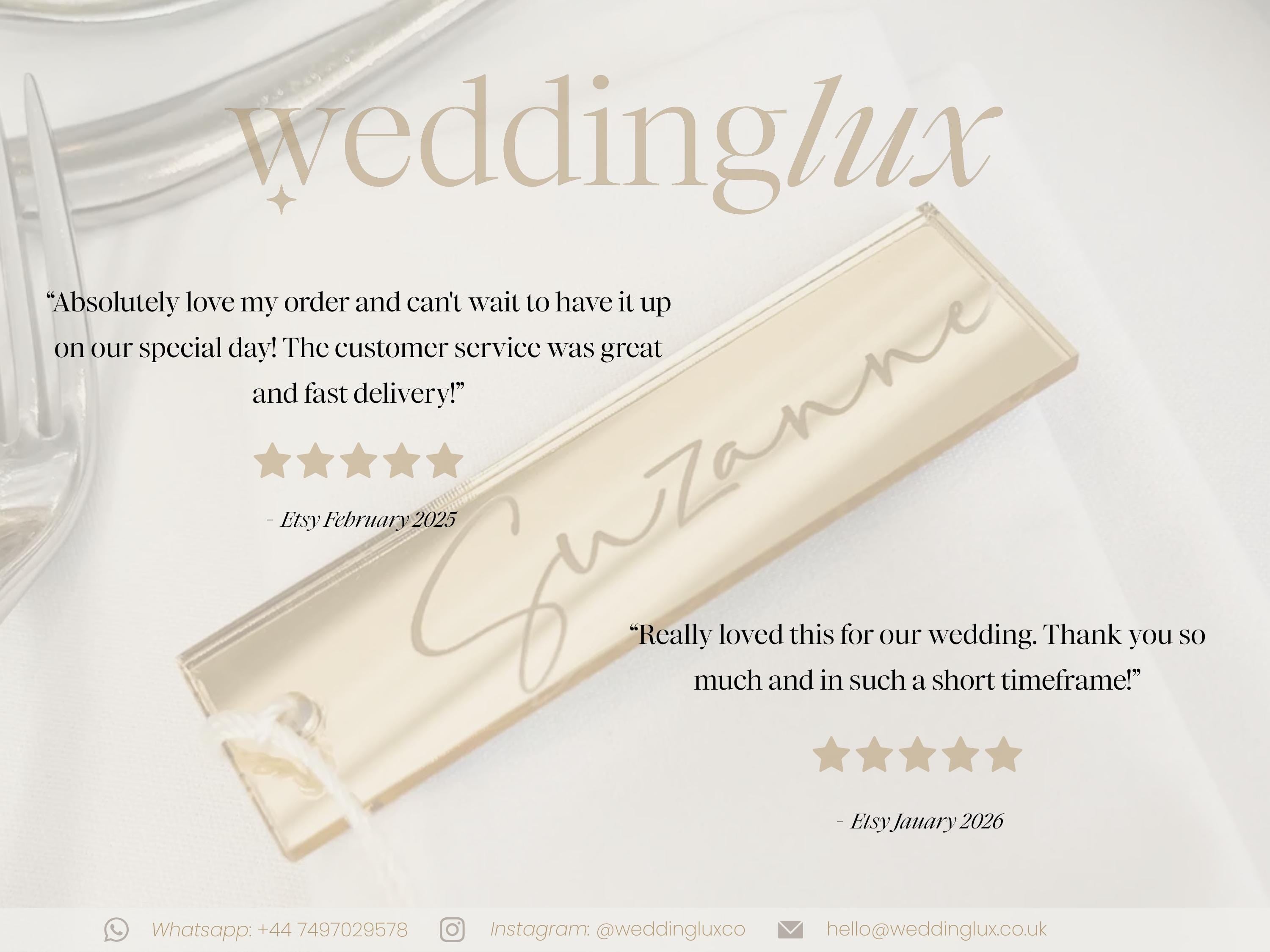 The image is a promotional image for a wedding venue called "weddinglux". It features a close-up of a wedding invitation card with a gold-colored background and text. The image includes two customer reviews, expressing their satisfaction with the customer service and the timely delivery of the wedding order.