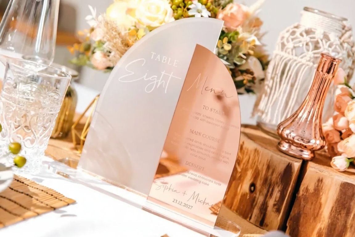 a table setting with a table menu, a vase of flowers, and other decorative items.