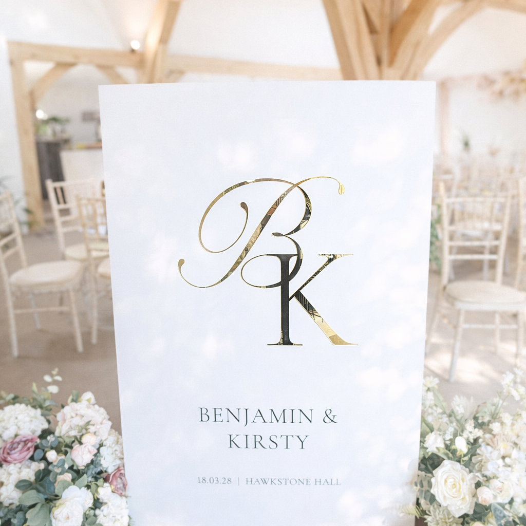 A white sign with the initials "BK" and the names "Benjamin & Kirsty" is displayed in a room with wooden beams and white chairs.