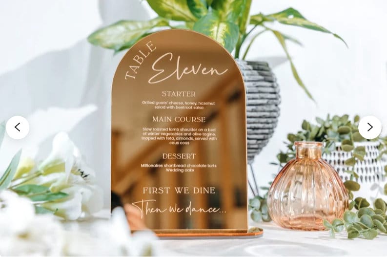 Gold Mirror Wedding Table Number & Menu