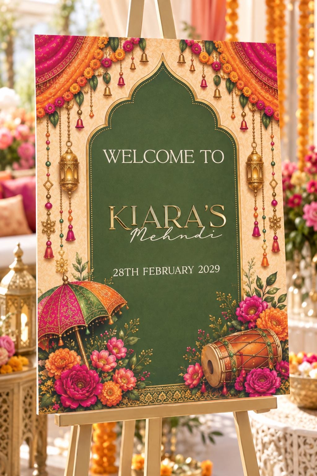 a colorful welcome sign for a wedding, with a green background and decorative elements such as flowers, lanterns, and a drum.