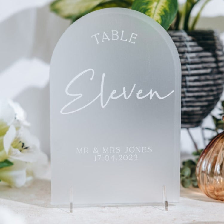 A table sign with the name "Eleven" and the names "MR & MRS JONES" printed on it, along with the date "17.04.2023". The sign is placed on a table, with a potted plant and a vase in the background.