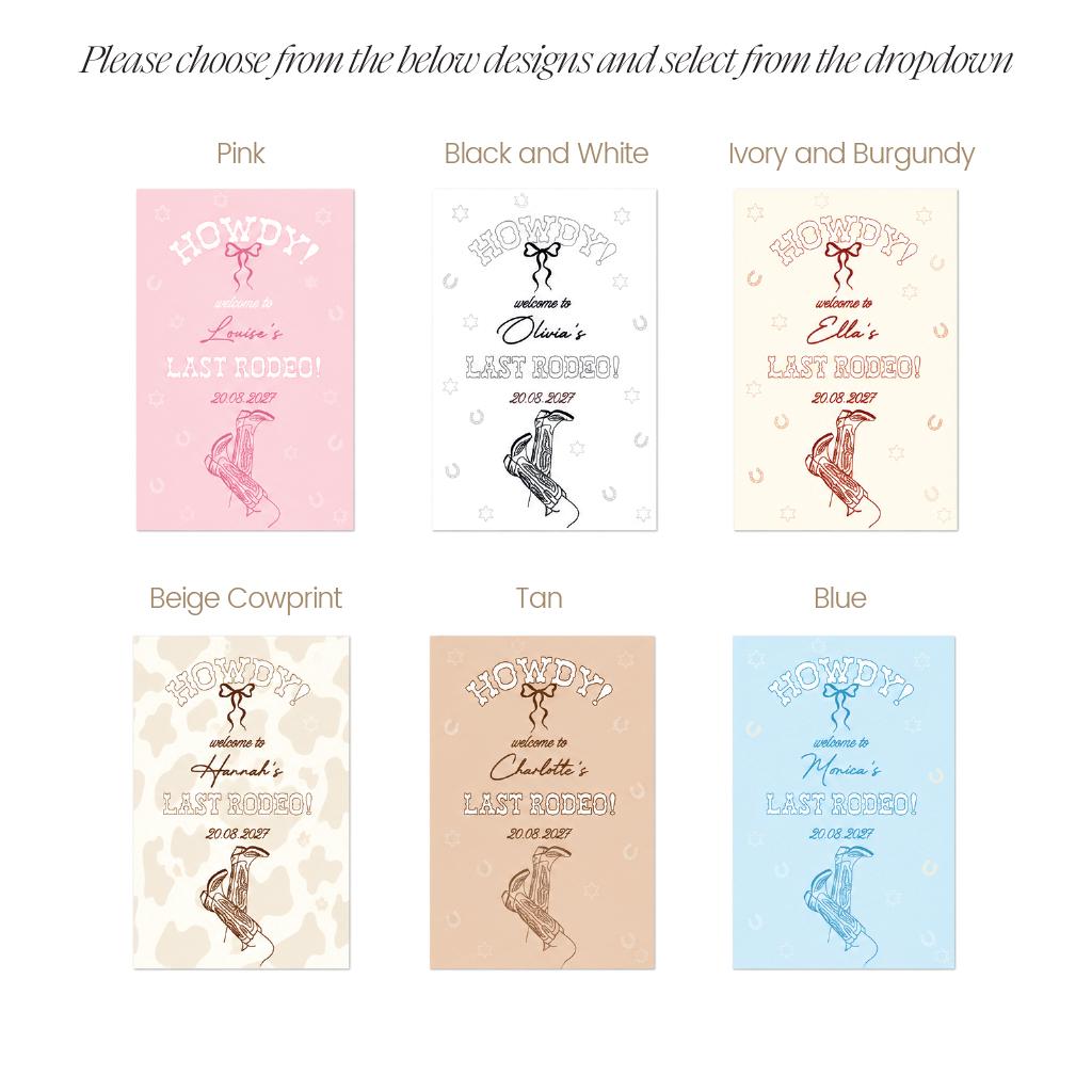 six different designs of a wedding invitation or event invitation, each with a unique color and style. The designs include pink, black and white, ivory and burgundy, beige cowprint, tan, blue, and brown. The text on the designs reads "Howdy! Welcome to Louisa's Last Birthday" and "Louisa's Last Birthday" is written in a cursive font.