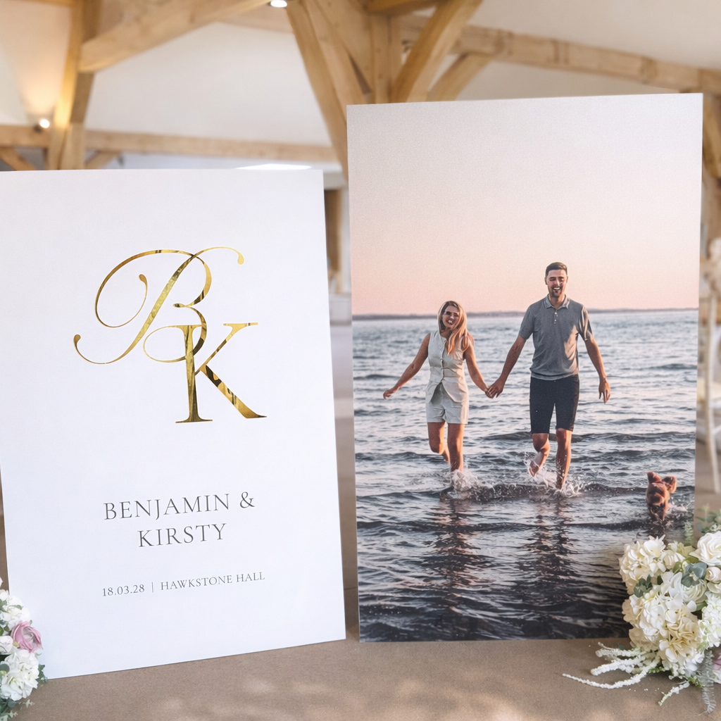 a wedding invitation with a couple's photo on the right side, and a bouquet of flowers on the left side.