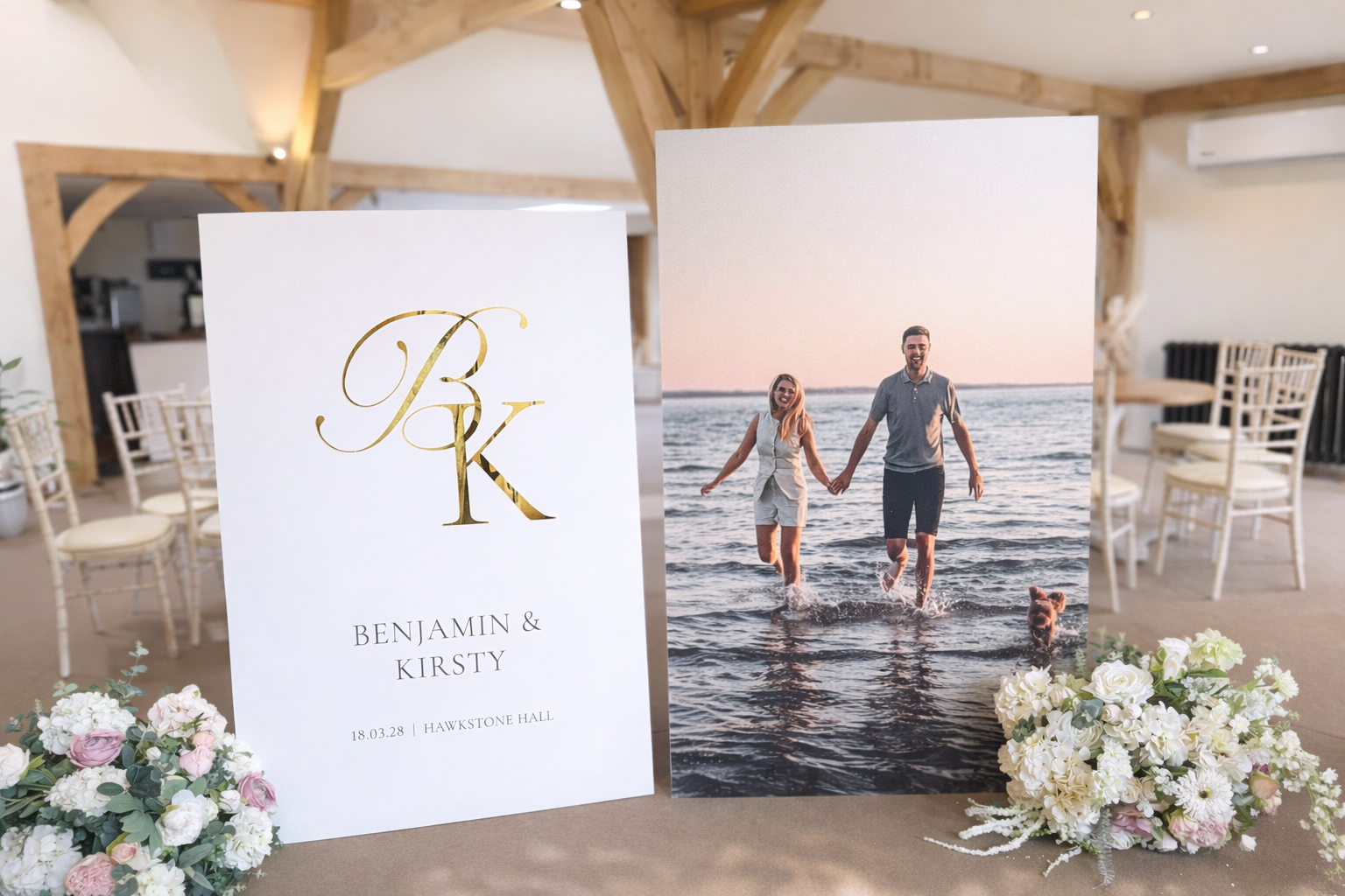 a wedding invitation with a couple's photo on the right side, and a bouquet of flowers on the left side.