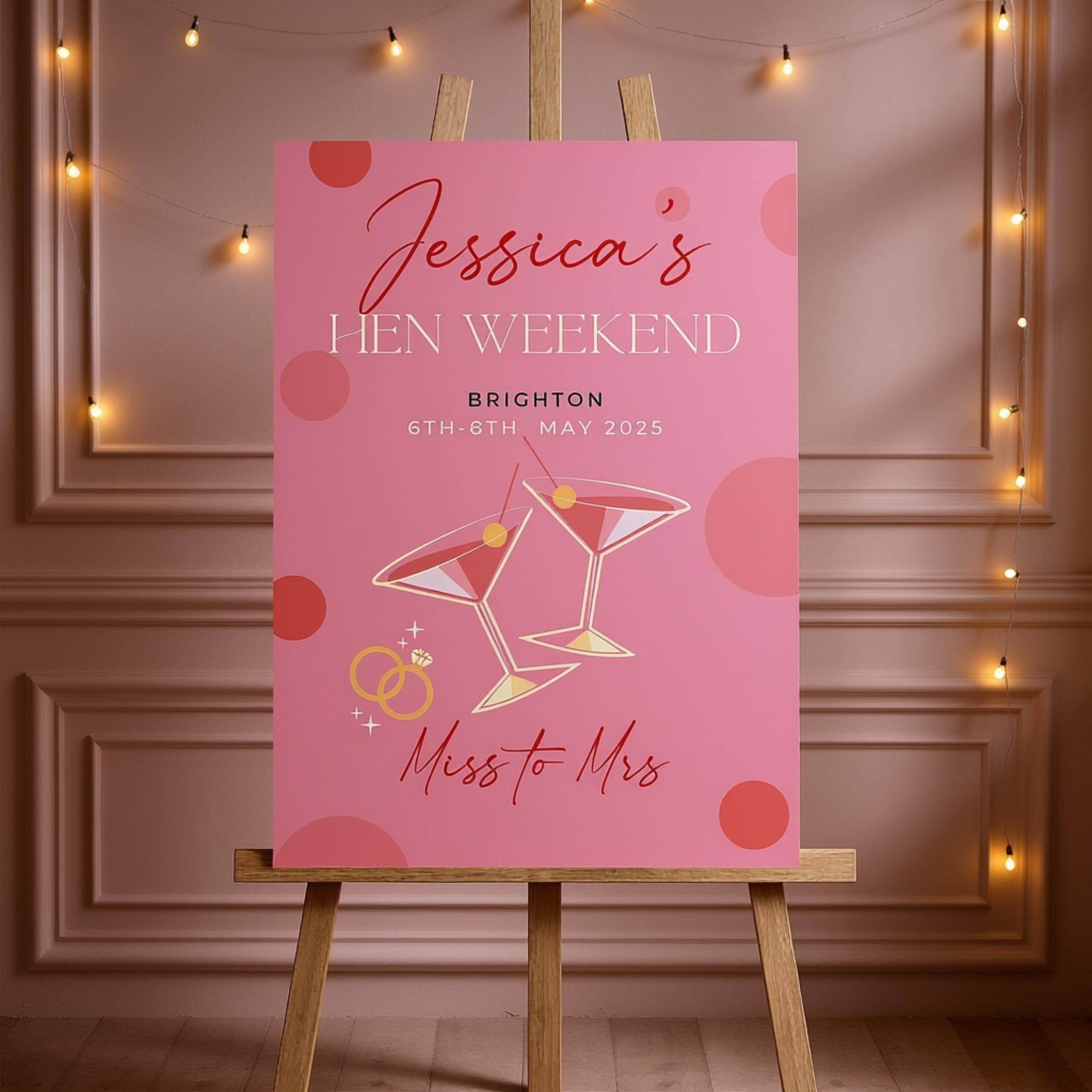 A pink sign with a pink background and white text, featuring a graphic of two martini glasses and the text "Miss to Mrs" and " Jessica's Hen Weekend Brighton 6th-8th May 2025".