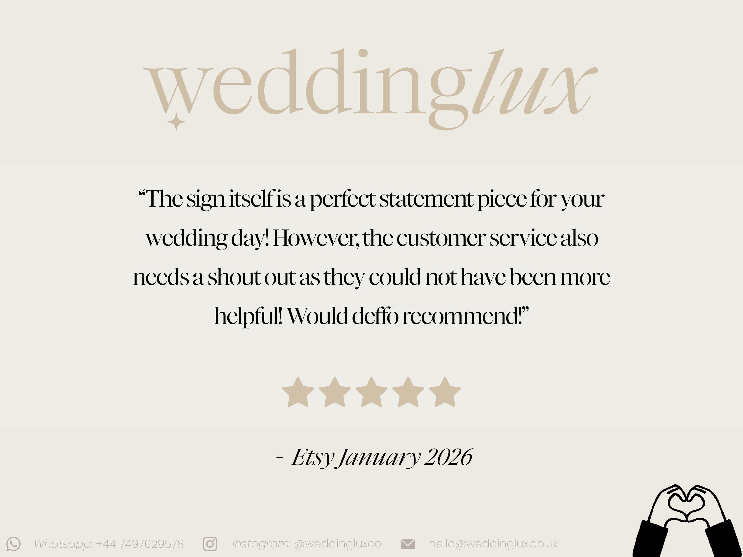 a text and a rating system, with a review from an Etsy customer expressing their satisfaction with the wedding service.