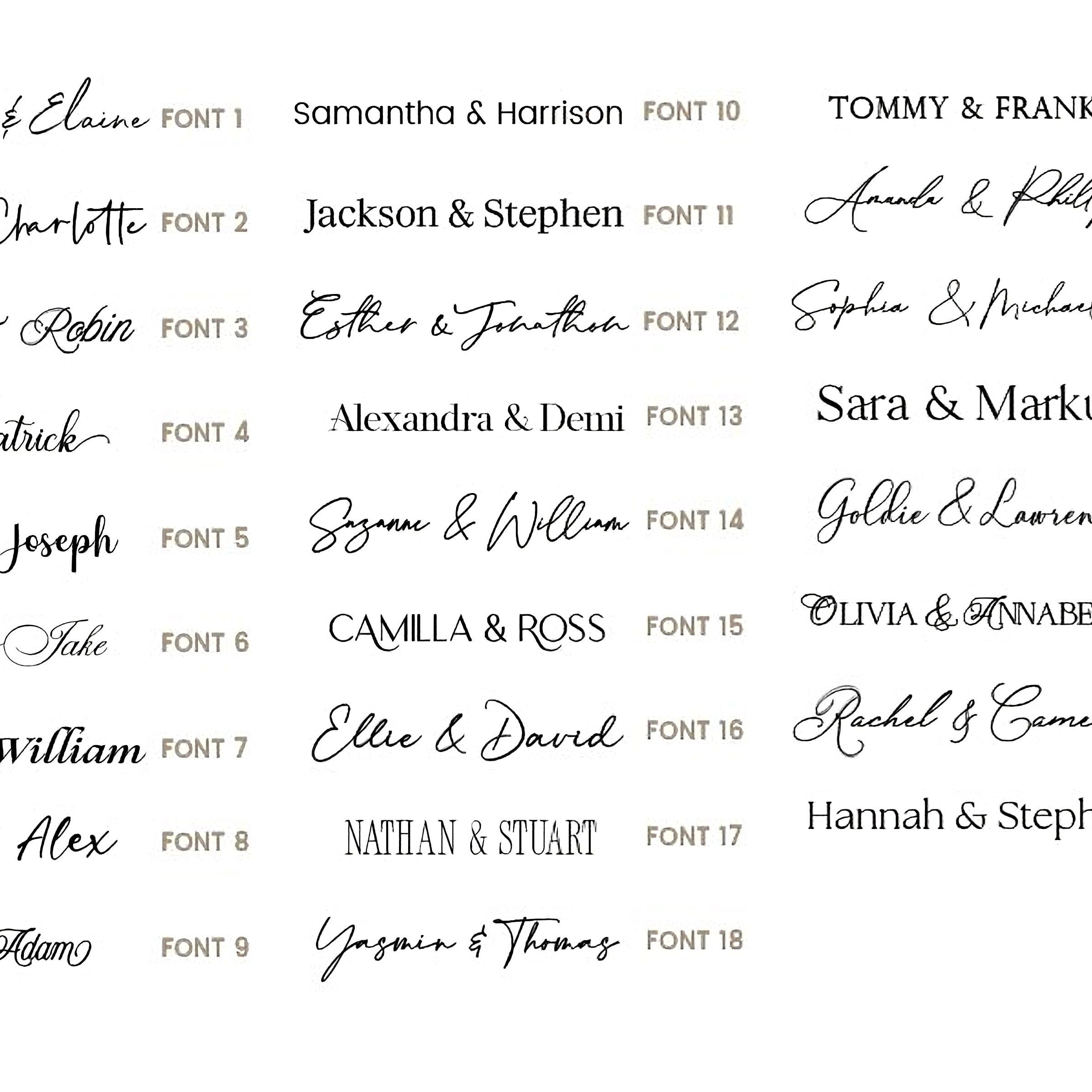 a collection of various names and styles of fonts, likely intended for use in wedding invitations or other graphic design projects.