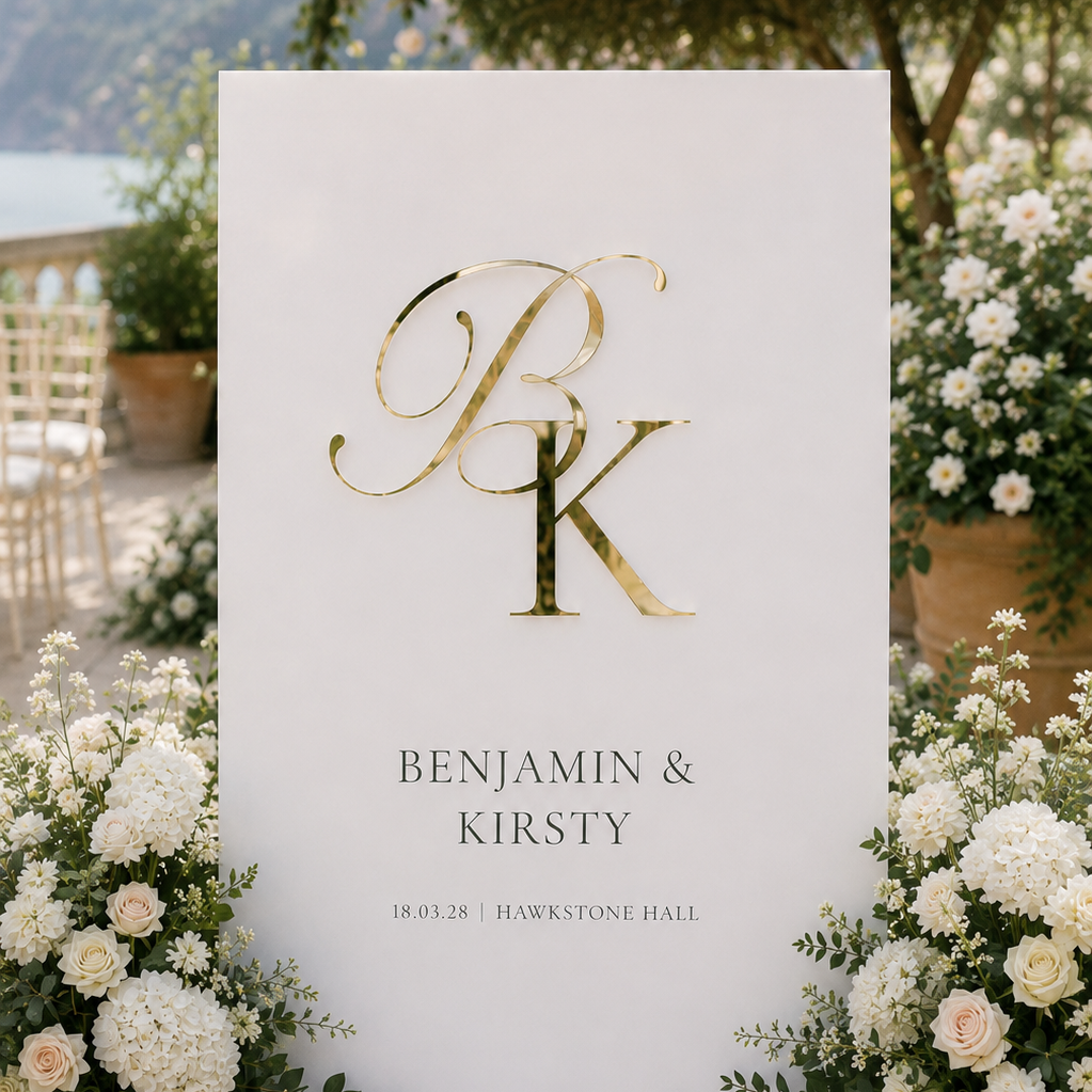a white sign with a gold letter "P" and the names "BENJAMIN & KIRSTY" written on it, surrounded by white flowers and greenery.