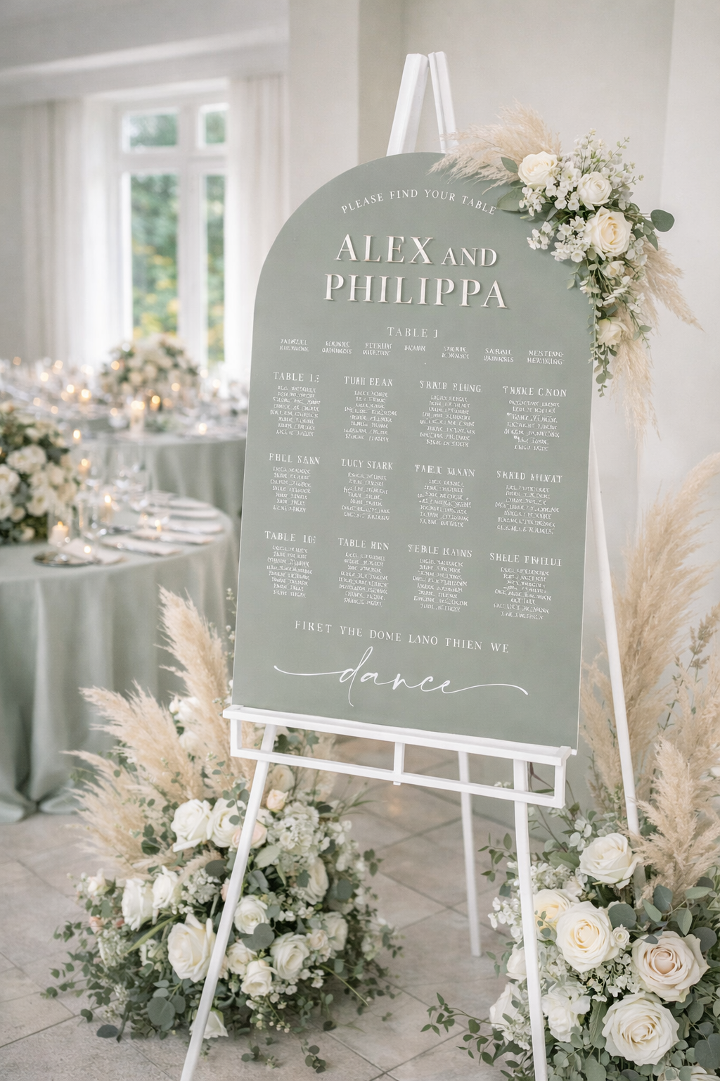 a wedding reception setup with a seating plan displayed on a white board. The board is surrounded by floral arrangements, including potted plants and bouquets, creating a beautiful and elegant atmosphere.