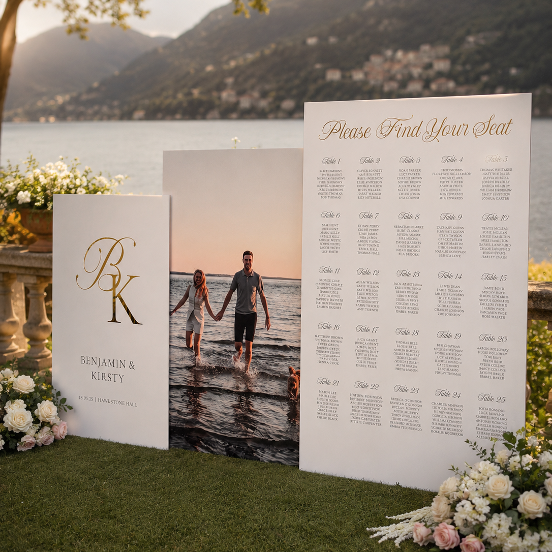 a wedding ceremony setup with a couple standing in front of a large white sign displaying a seating chart. The sign also includes a photograph of the couple.