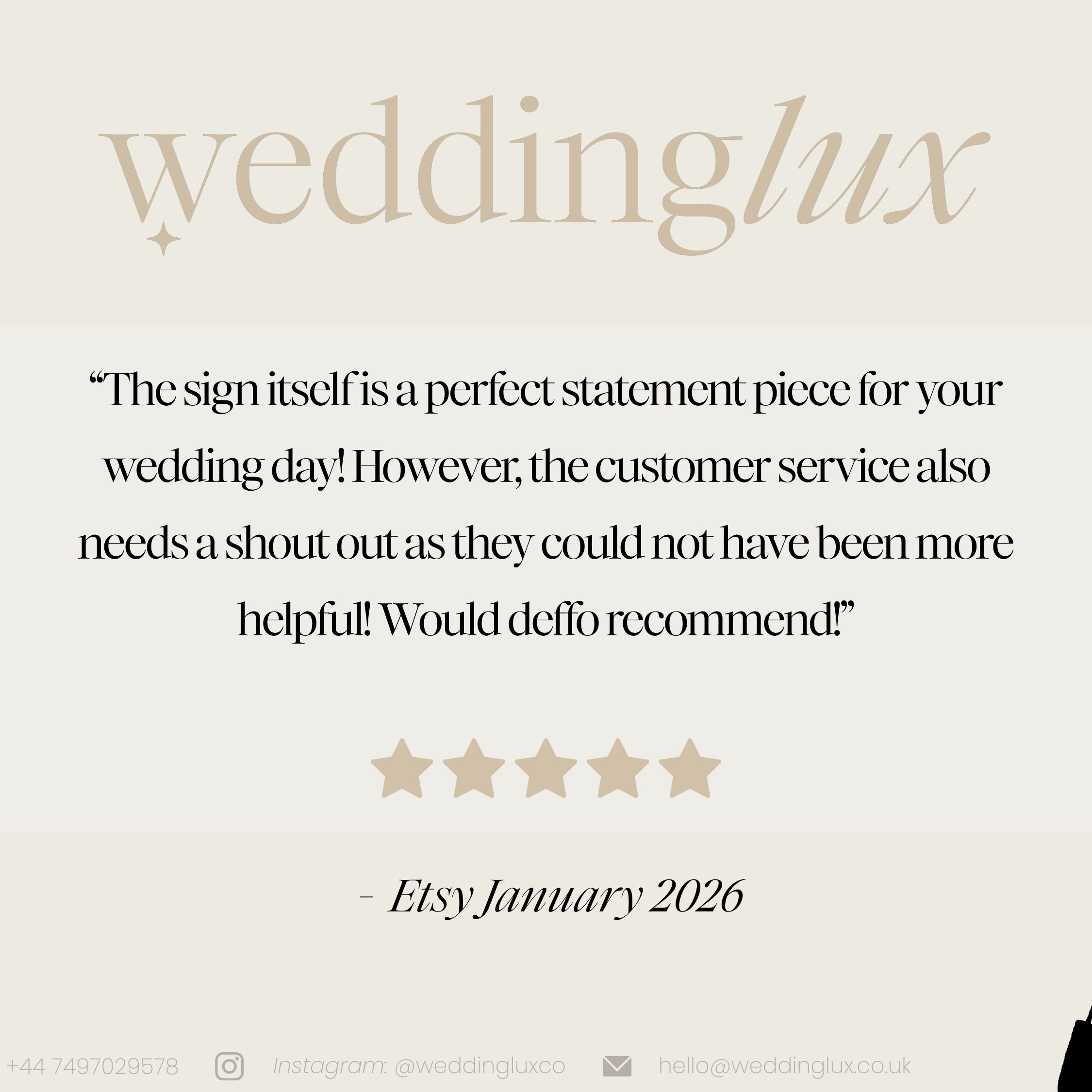 a text and a rating system, with a review from an Etsy customer expressing their satisfaction with the wedding service.