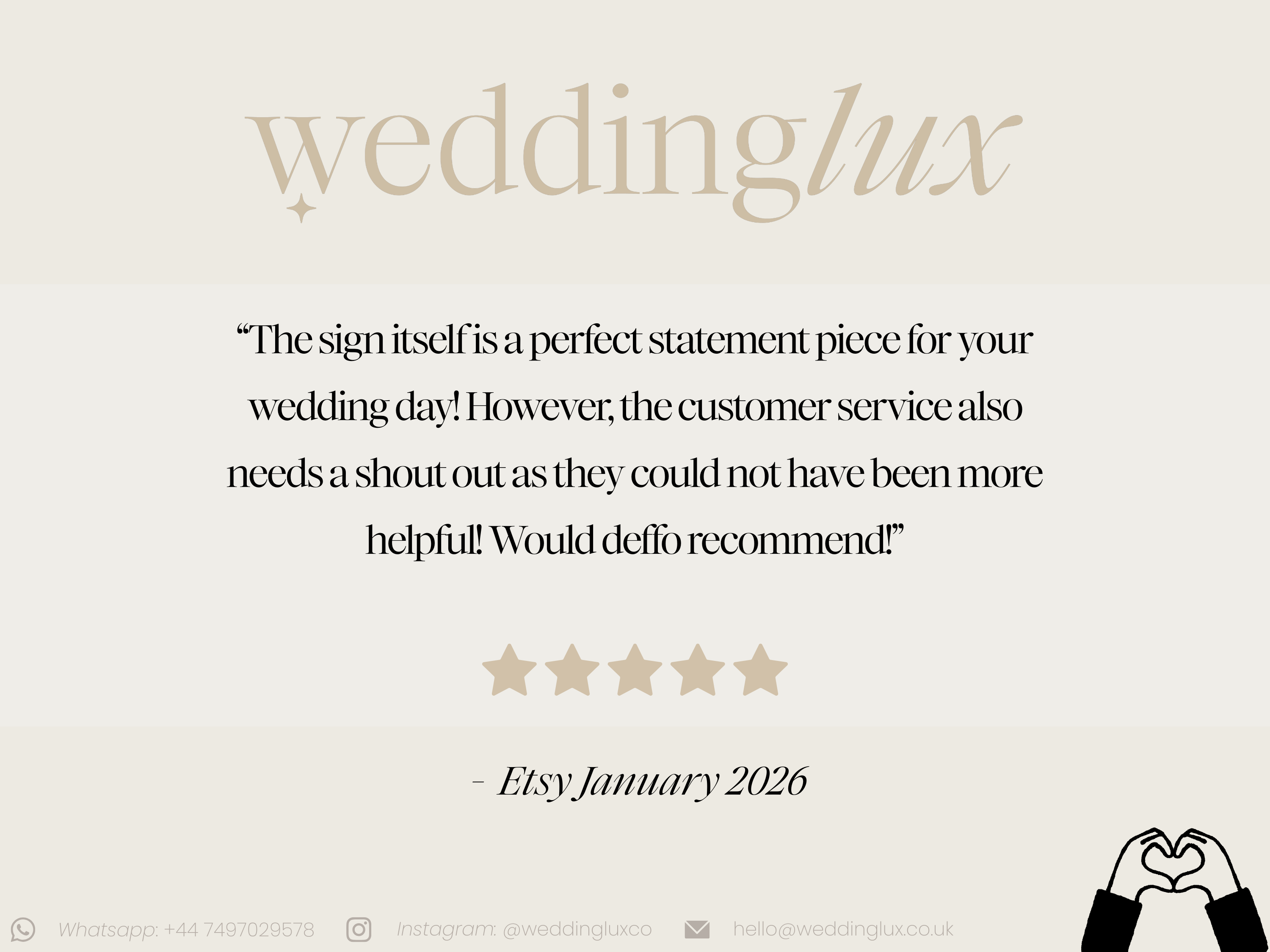 a text and a rating system, with a review from an Etsy customer expressing their satisfaction with the wedding service.