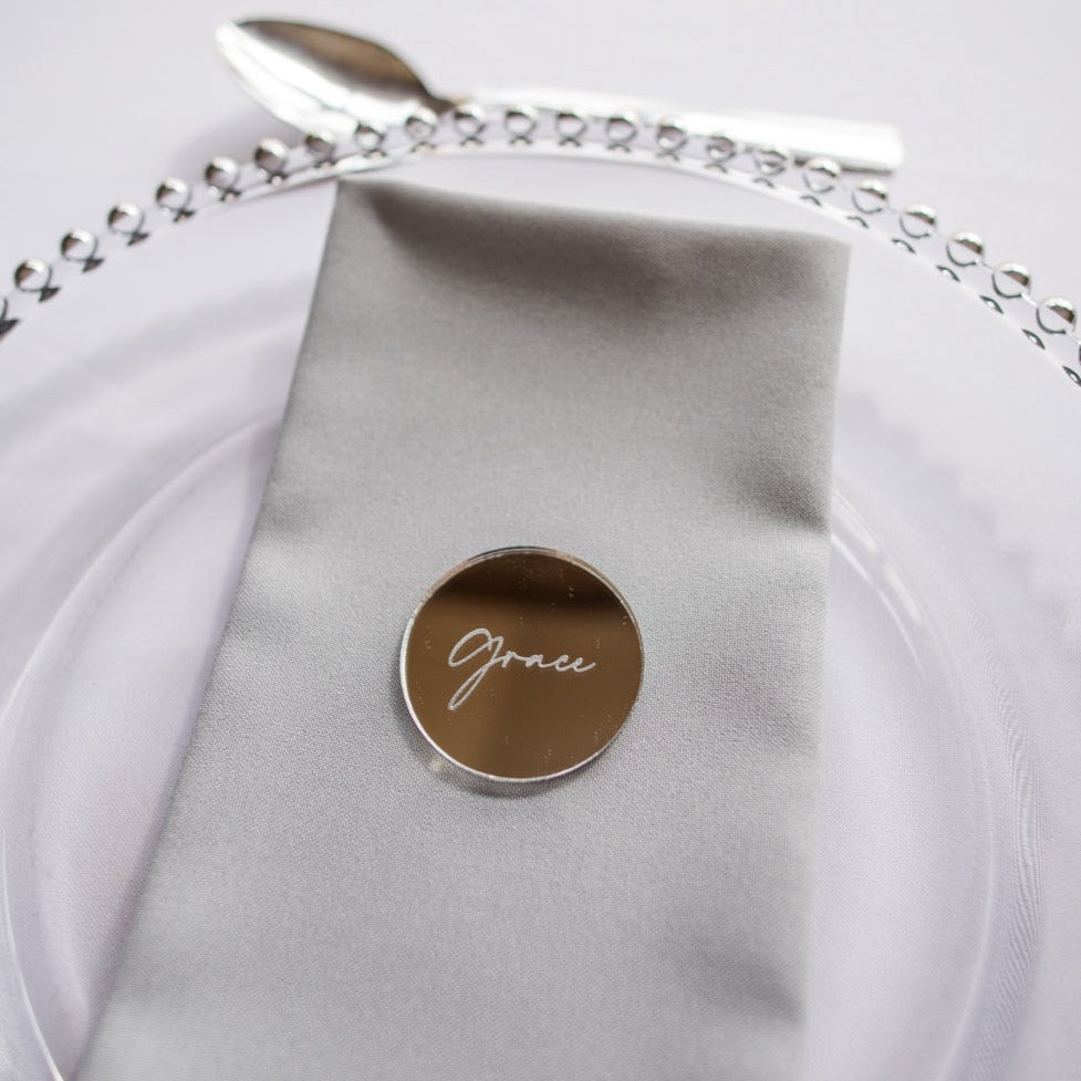 Silver Mirror Engraved Circle Wedding Name Setting
