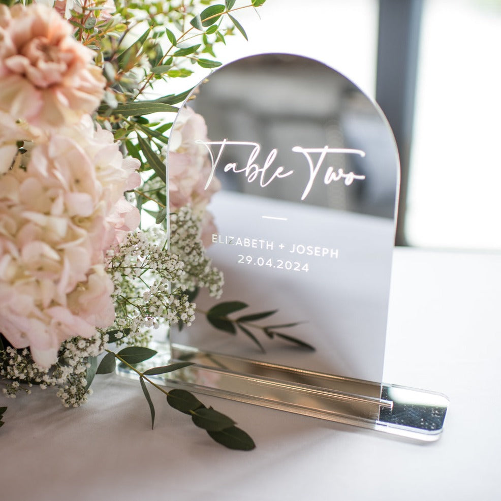 Silver Mirror Engraved Wedding Table Numbers