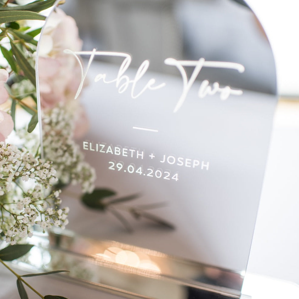 Dome Top Silver Mirror Personalised Wedding Table Numbers