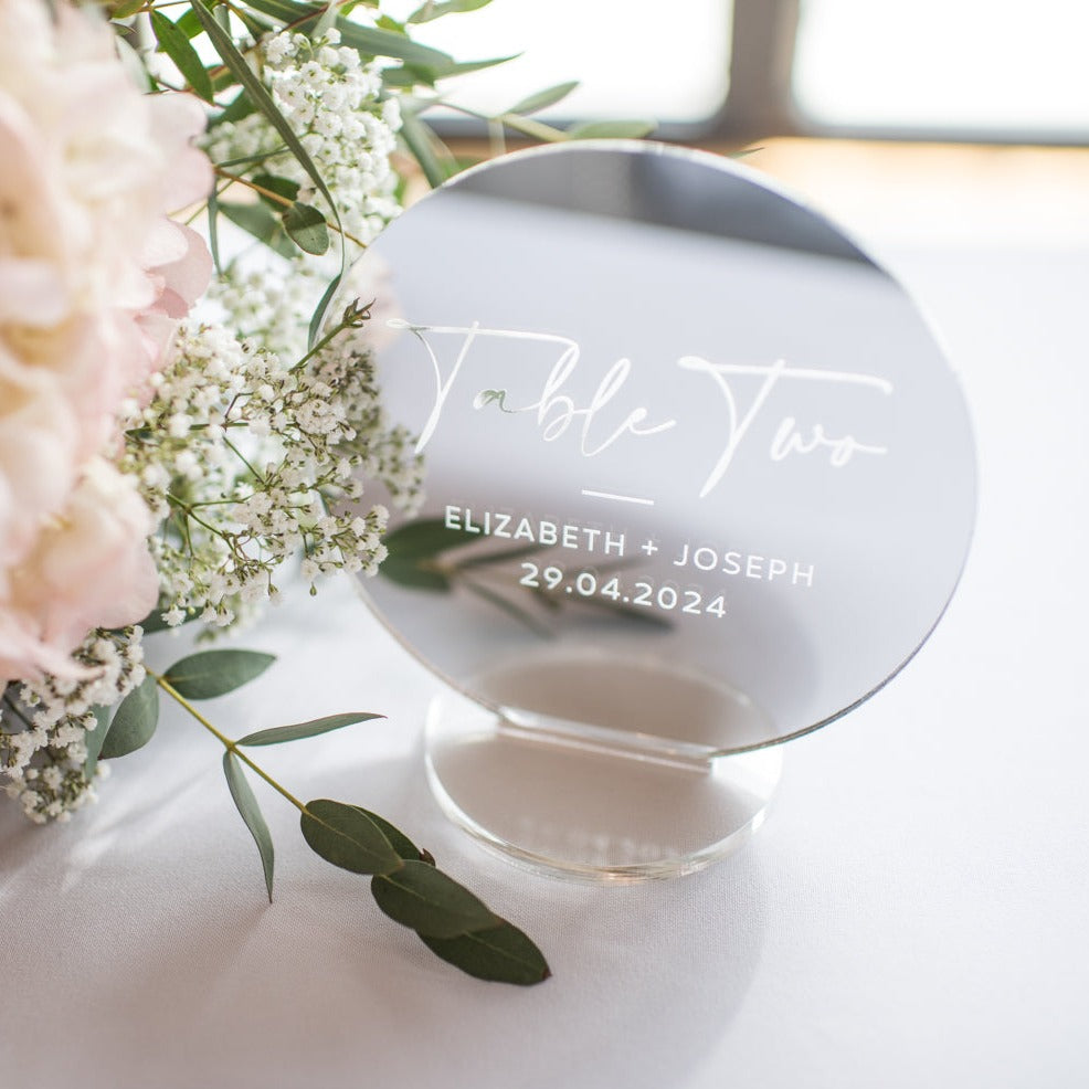 Silver Mirror Engraved Wedding Table Numbers
