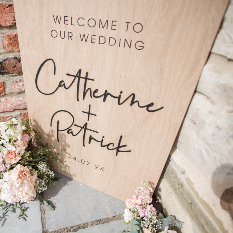 Personalised Wood & Black Script Wedding Welcome Sign
