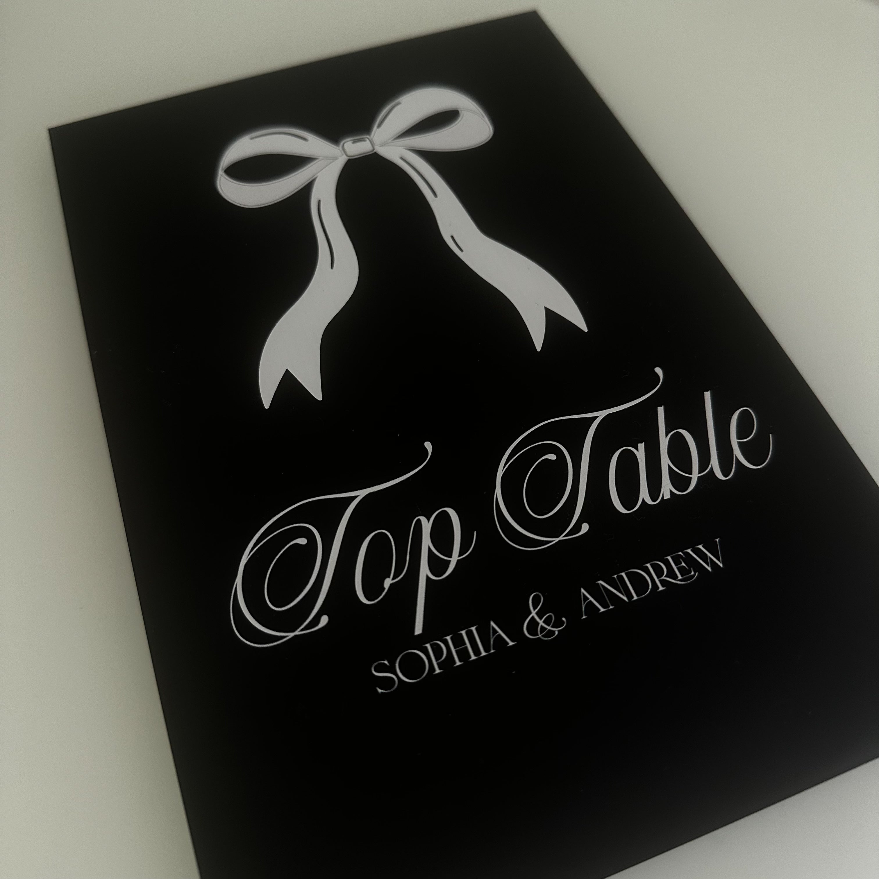 Monochrome Ribbon & Bow Wedding Table Numbers, Personalised