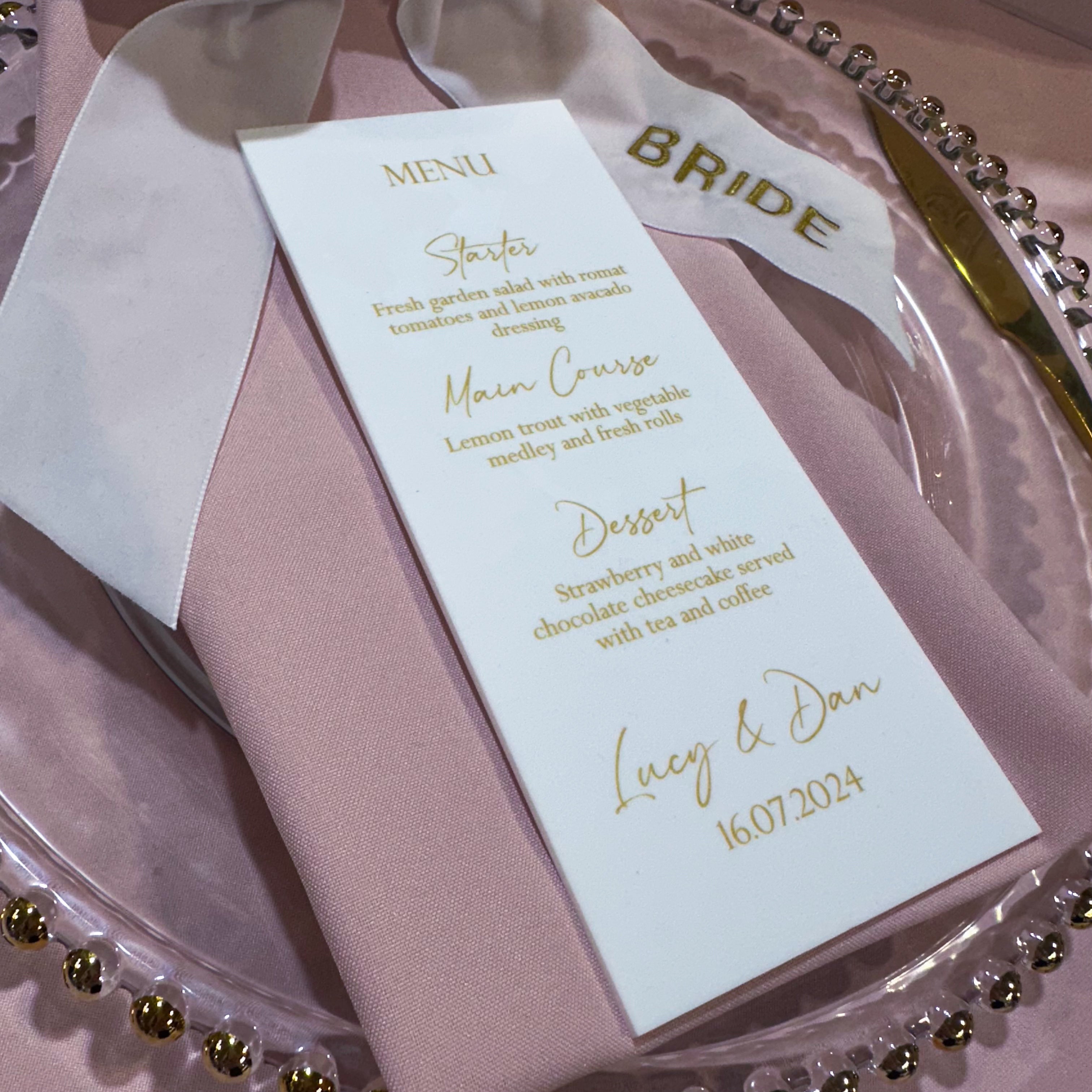 Gold & White Acrylic Wedding Menu