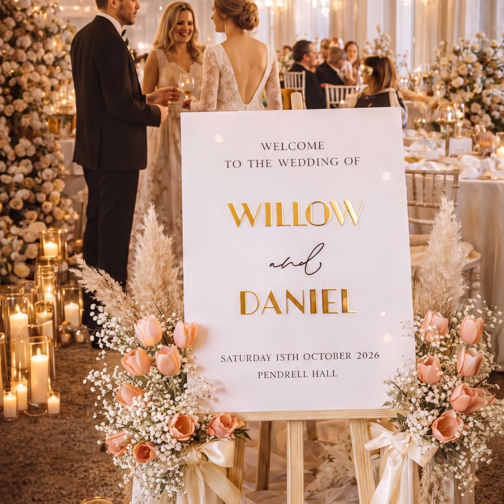 a wedding reception scene with a couple standing in front of a sign welcoming guests to the wedding of Willow and Daniel. The sign is decorated with flowers and candles, creating a warm and inviting atmosphere.