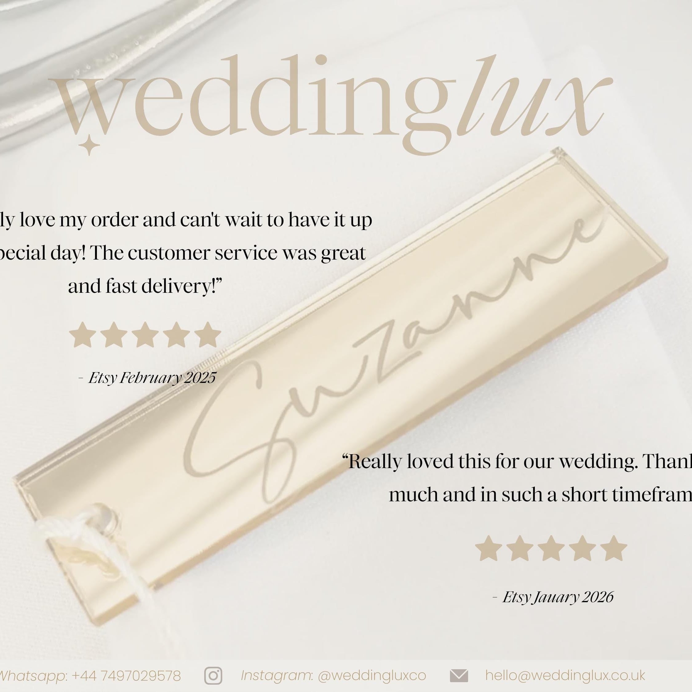 The image is a promotional image for a wedding venue called "weddinglux". It features a close-up of a wedding invitation card with a gold-colored background and text. The image includes two customer reviews, expressing their satisfaction with the customer service and the timely delivery of the wedding order.