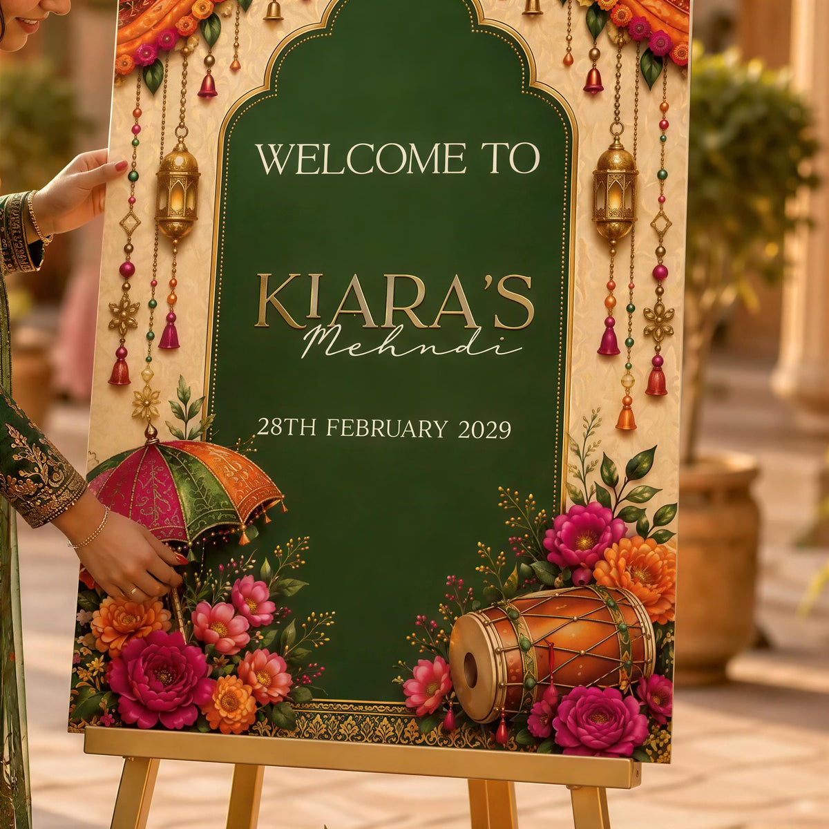 a colorful sign with decorative elements such as flowers, a drum, and a hand holding an umbrella. The sign is welcoming visitors to a party or event, with the date "28th February 2029" displayed.