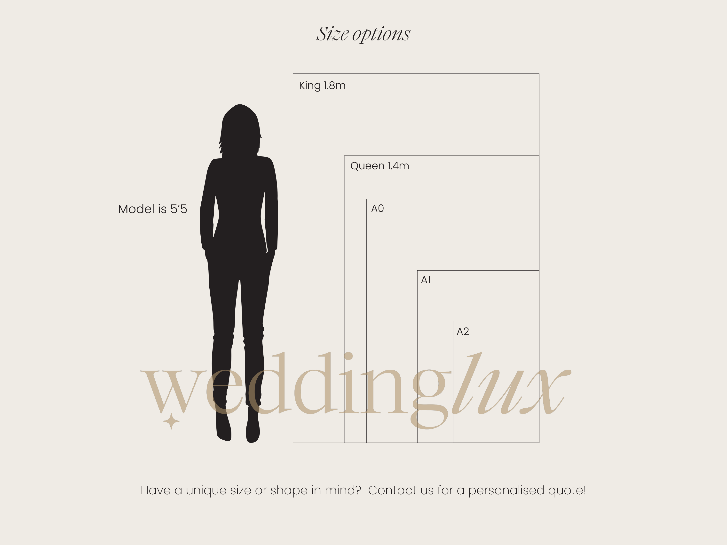 The image is a size chart for wedding photography, showing the different sizes available for a model.
