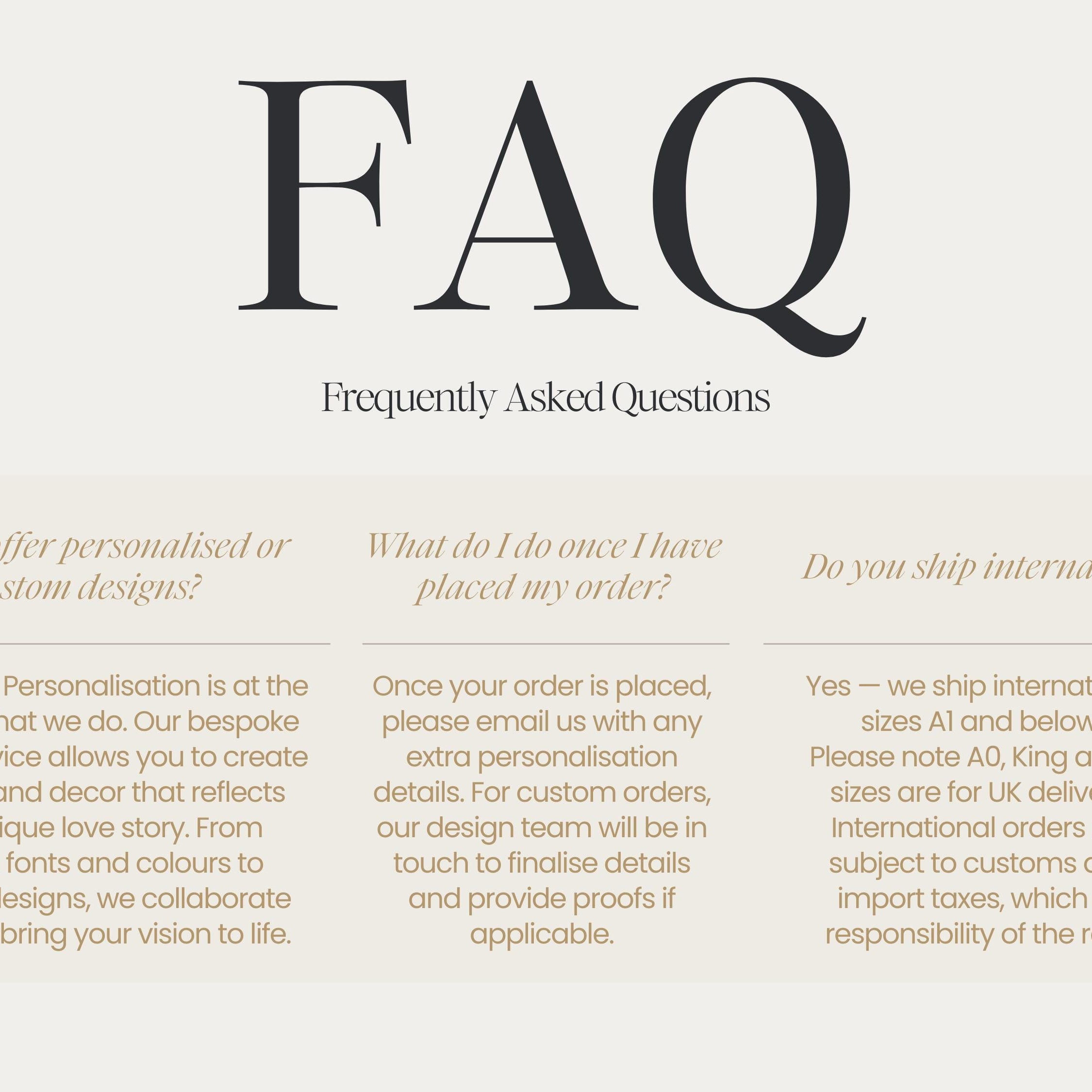 a series of questions and answers related to personalised or custom designs, shipping internationally, and the collaboration between the design team and the recipient. The questions are designed to elicit specific information about the order and the recipient's preferences.