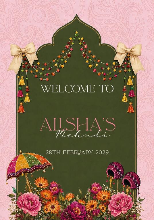 The image is a colorful and ornate welcome sign for a special occasion, featuring a green archway with decorative elements such as flowers, tassels, and bows.