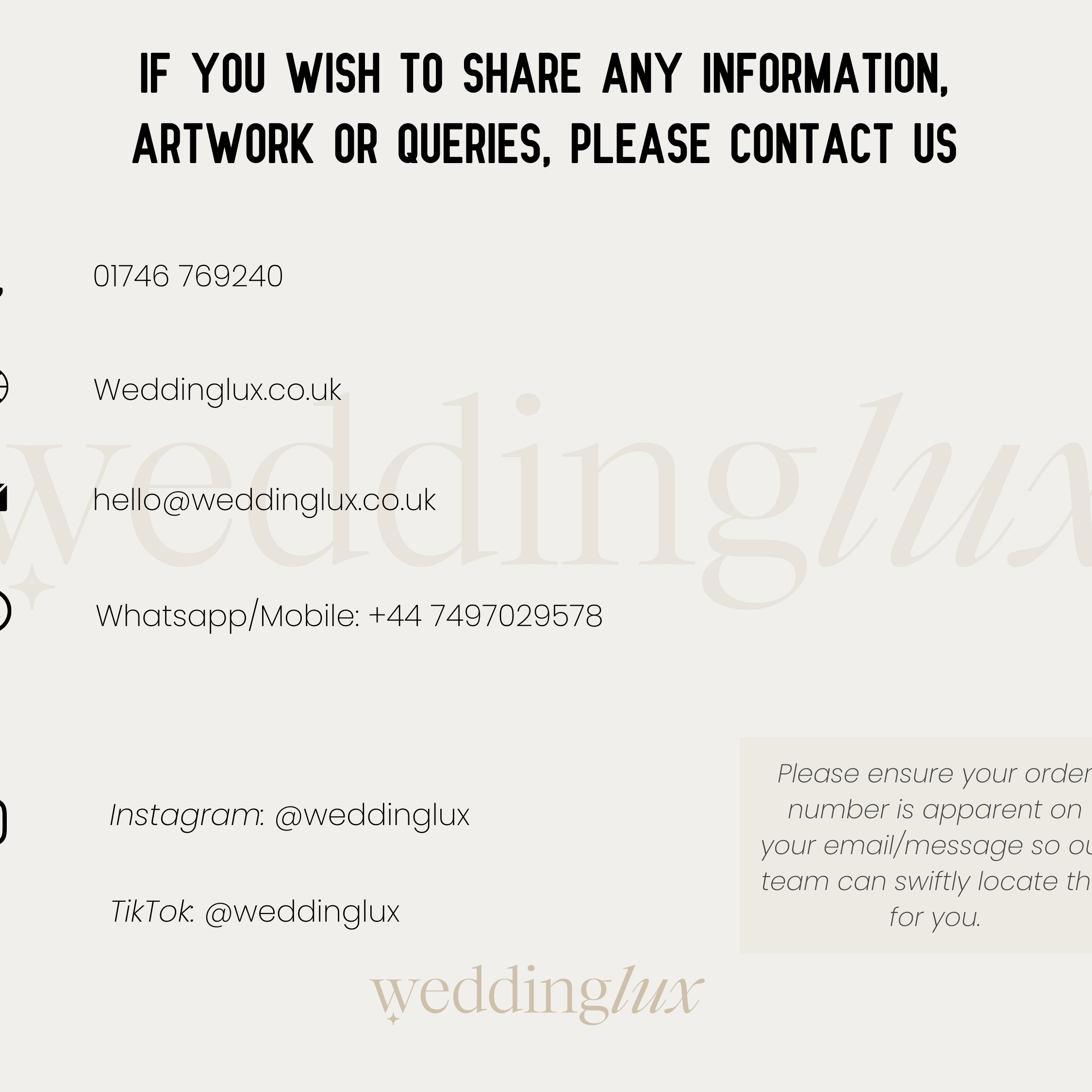 a collection of contact information for a company called Wedding Luxx, including a phone number, email address, and social media handles. The company is located in the UK and provides various services such as artwork, inquiries, and ordering.
