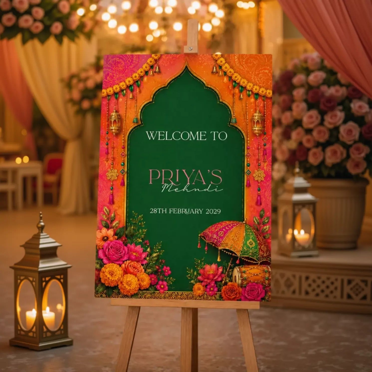 a colorful sign with a floral design and decorative elements, welcoming guests to a special event.
