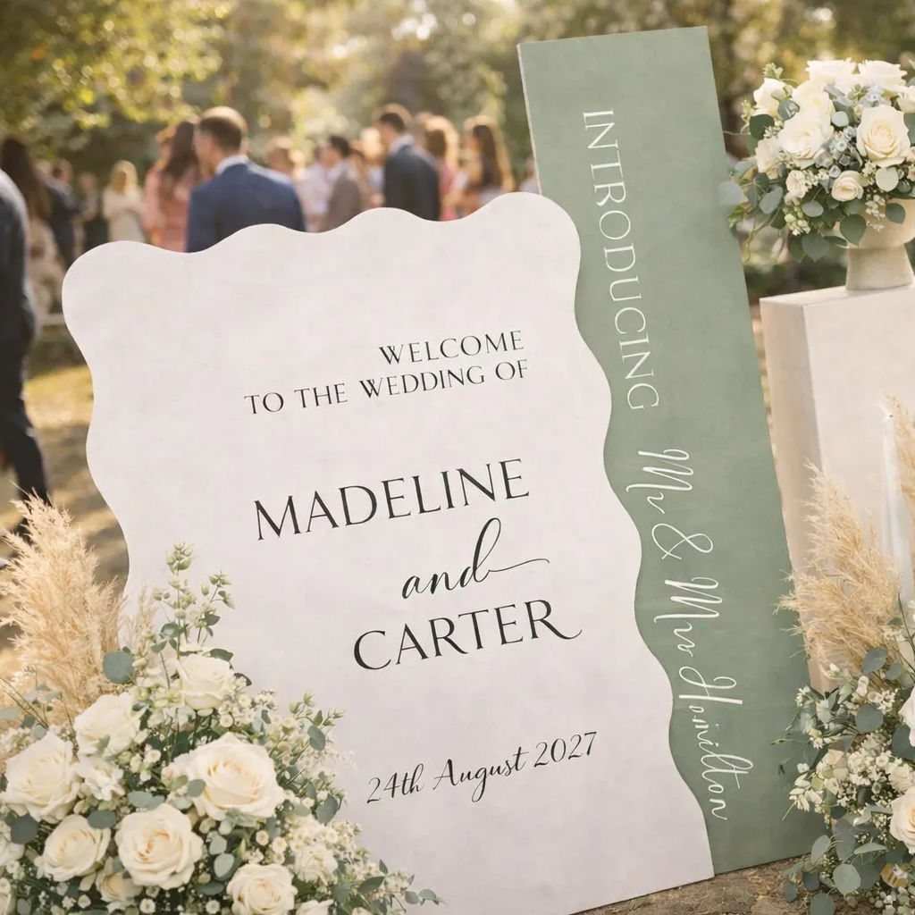 a wedding sign welcoming guests to the wedding of Madeeline and Carter, with a green sign introducing the couple. The sign is surrounded by white flowers and greenery, creating a festive atmosphere.
