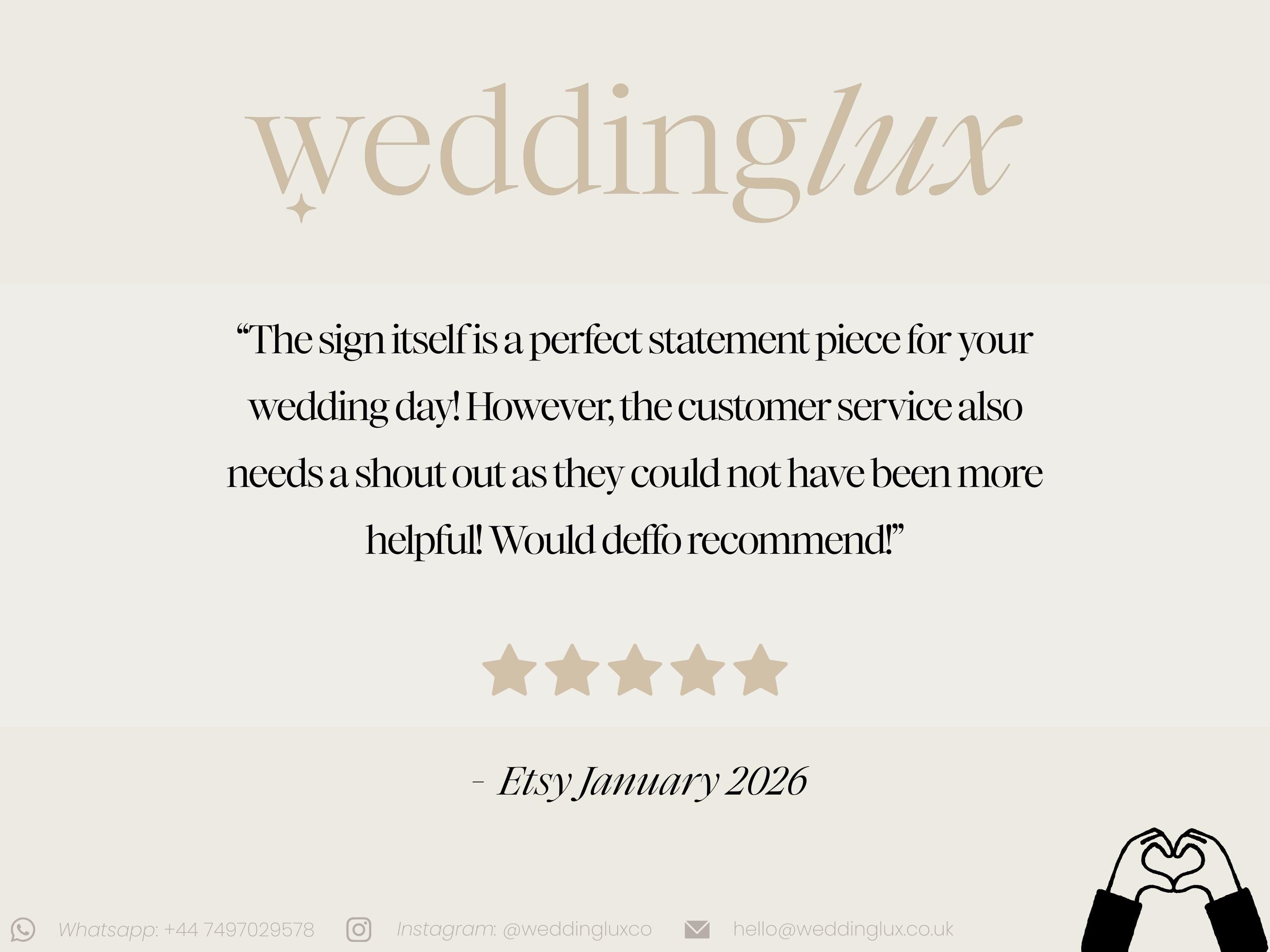 a text and a rating system, with a review from Etsy for a wedding service. The text is a statement about the sign itself being a perfect statement piece for a wedding day, but the customer service also needs a shout out as they could not have been more helpful. The rating system is a five-star rating, indicating excellent customer service. The image is a collage of multiple images, and the text is not a description of each individual image, but rather a statement about the overall image.