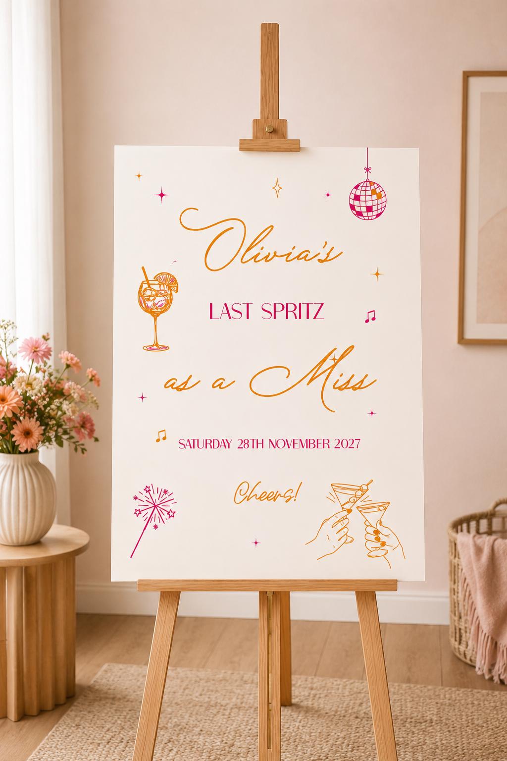 The image is a poster for an event called "Olivia's Last Spritz as a Miss" on Saturday, November 28, 2017.